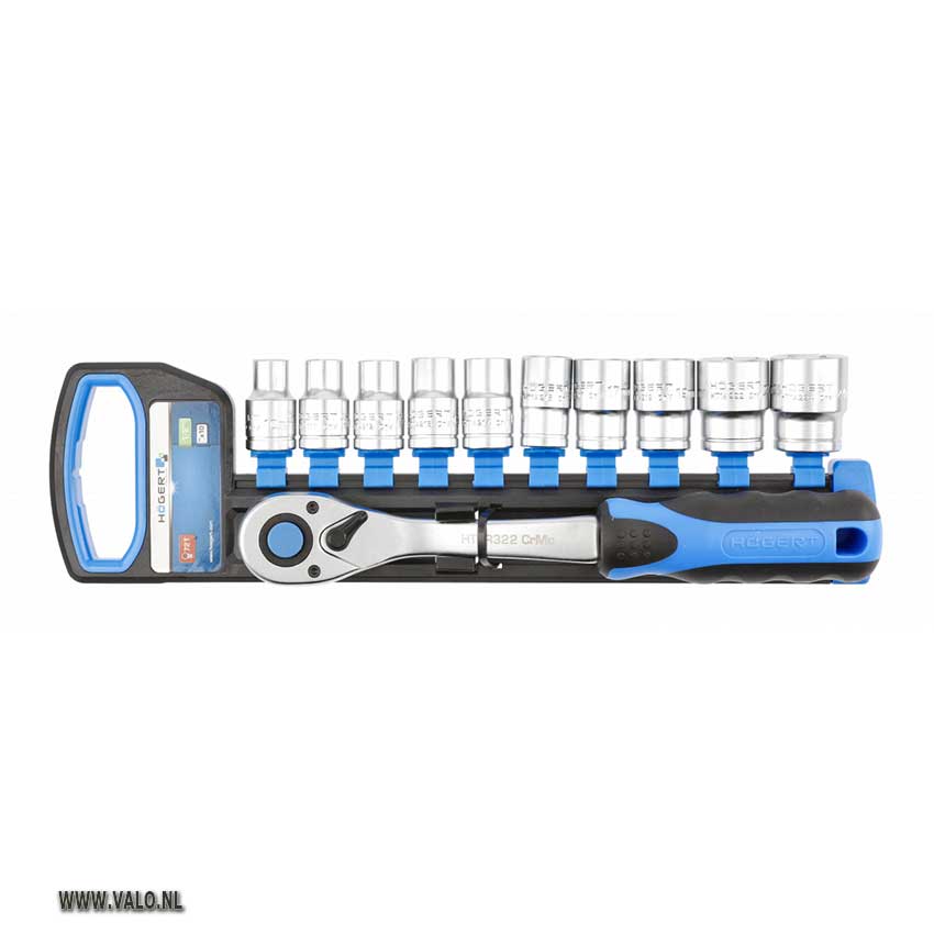 Högert 11 delige Dopsleutelset 1/2". 72 tands rechte ratel met 1/2"doppen.